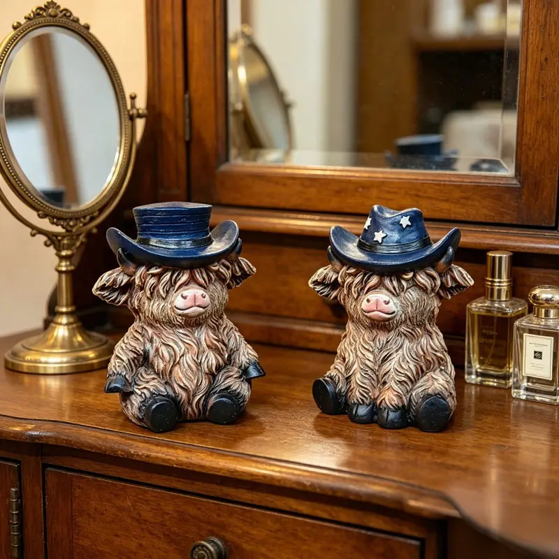 Two-piece highland cow mini statue set, decorative figurines, western resin statue set, suitable for tabletop and garden decoration, home decoration. A cute and unique gift, an ideal choice for collectors who love western culture.