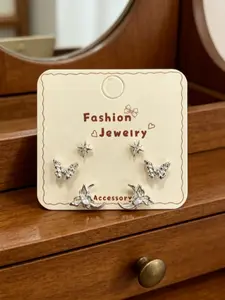 Women’s Mini Stud Earrings Set 3 Pairs for Daily Casual Brunch Date Night | Silver Plated Bow Heart Star Cute Minimalist Earrings
