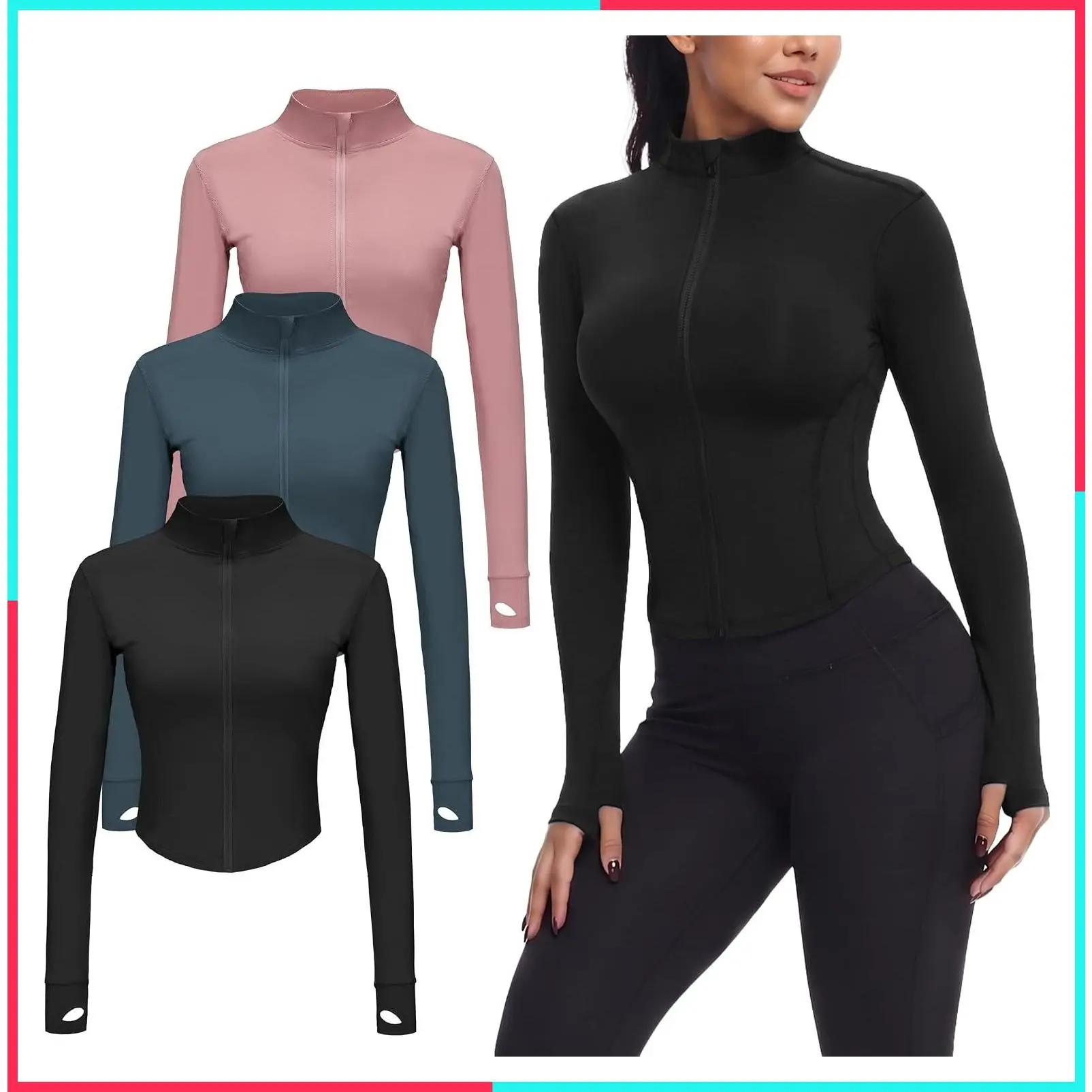 3 Pack Women's Cropped Full-Zip Workout Jacket with Thumb Holes