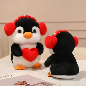 Cute Standing Earphone Penguin Doll Stuffed Holding Red Heart Say Love Cartoon Animal Toy Standing Plushie Birthday Gift