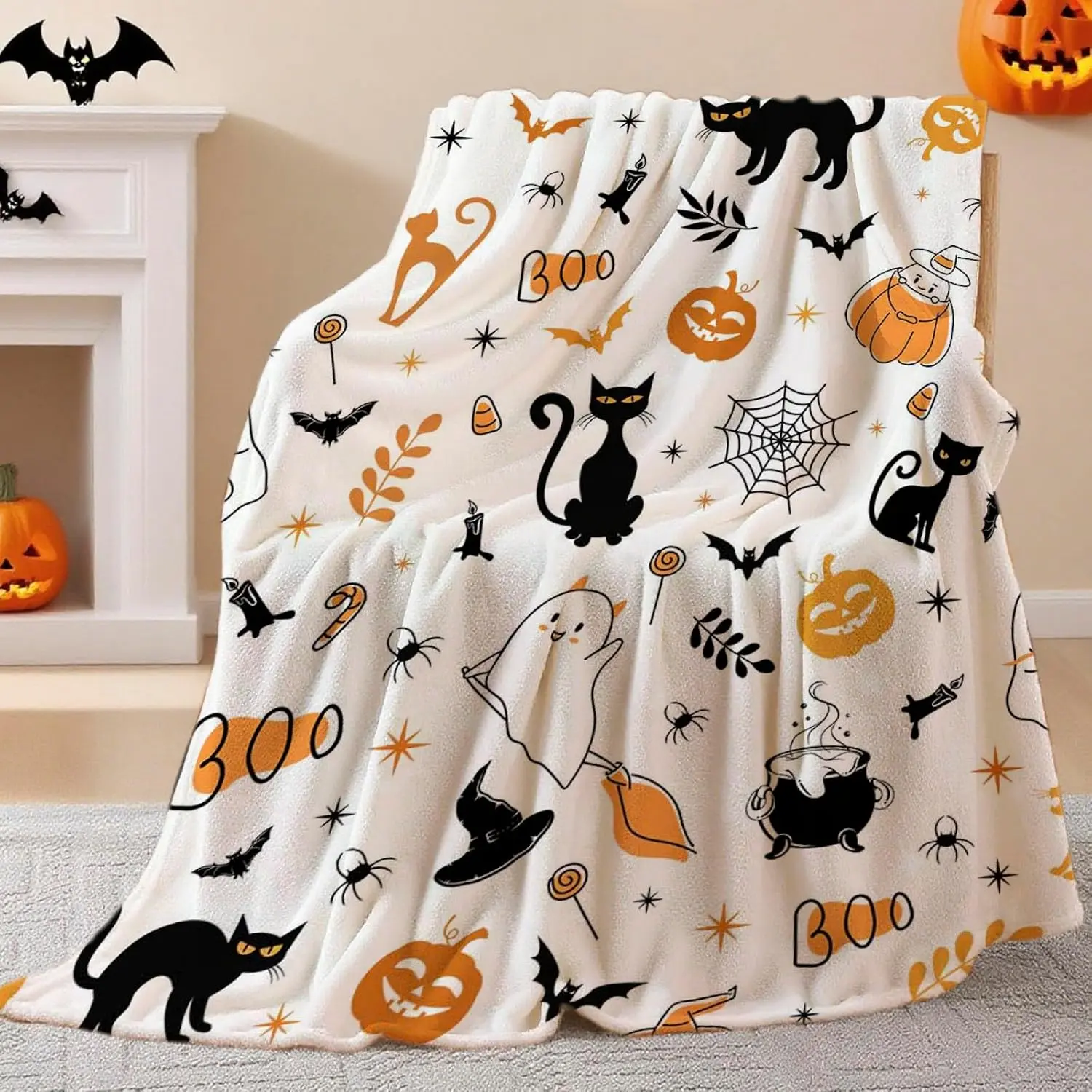 Halloween  Pumpkin Boo Throw Blanket (White, 50x59 inch) | Soft Washable Blanket for Bed Couch Chair,  Living Room Decor