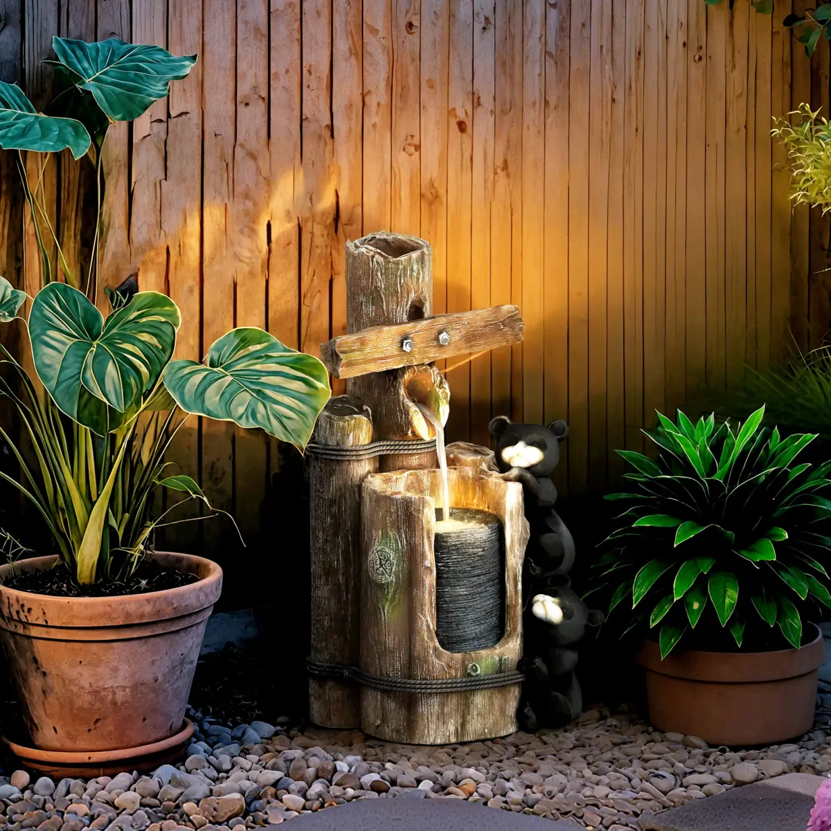 [Fahuac] Outdoor 3-Tier Bear Resin Waterfall Garden Fountain with Built-in LED Lighting, Adjustable Flow Pump, Weather-Resistant Tree Trunk Design, Compact Size 11.8" L x 10.2" W x 22.8" H, Outsunny Brown Patio Backyard Decor, Waterfalls, Fountains & Bird