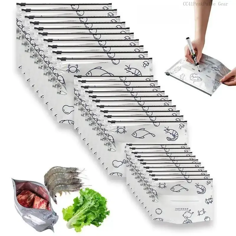 Reusable Aluminum Foil Sealable Storage Bags, 2025 New Resealable Vacuum Zipper Pouches for Food, Stand Up Foil Sealable Bags with Label and Zip Lock for Vegetable Fruit MeatCC41PeakPulse Gear