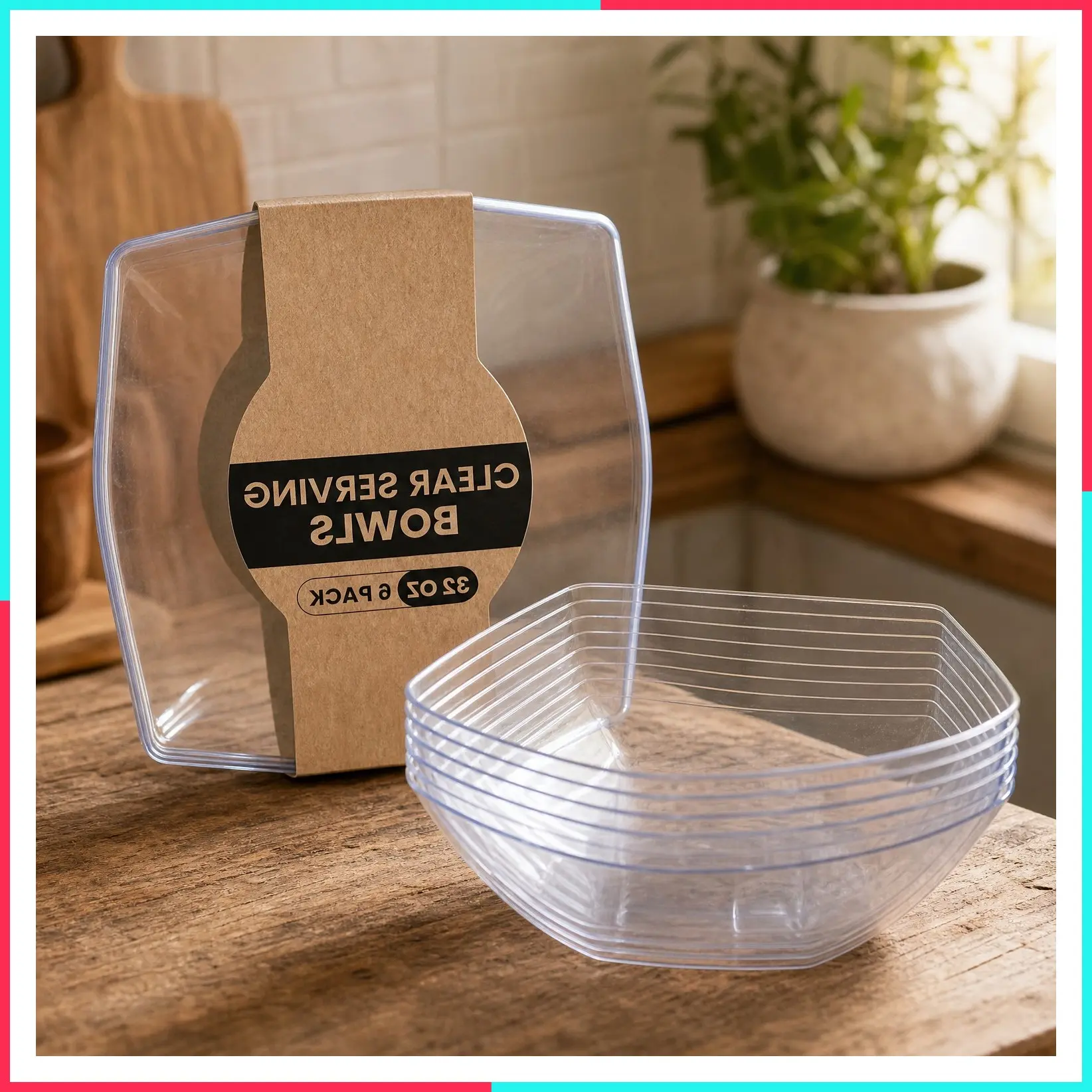 6 Pack Square Clear Plastic Serving Bowls 32 Oz - Large Salad Bowls, Premium Duty for Weddings Catering and Birthday Parties