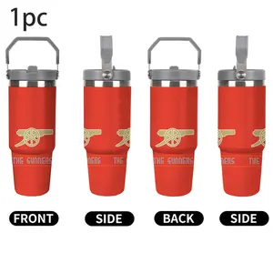 1pc 30oz Arsenal Logo Red Stainless Steel Tumbler with Foldable Carry Handle & Straw Lid, Double Wall Vacuum Insulated Travel Cup, Leakproof Flip Thermal Mug, Long Lasting Cold & Heat Retention, Football Fan Merch, Perfect for Match Day