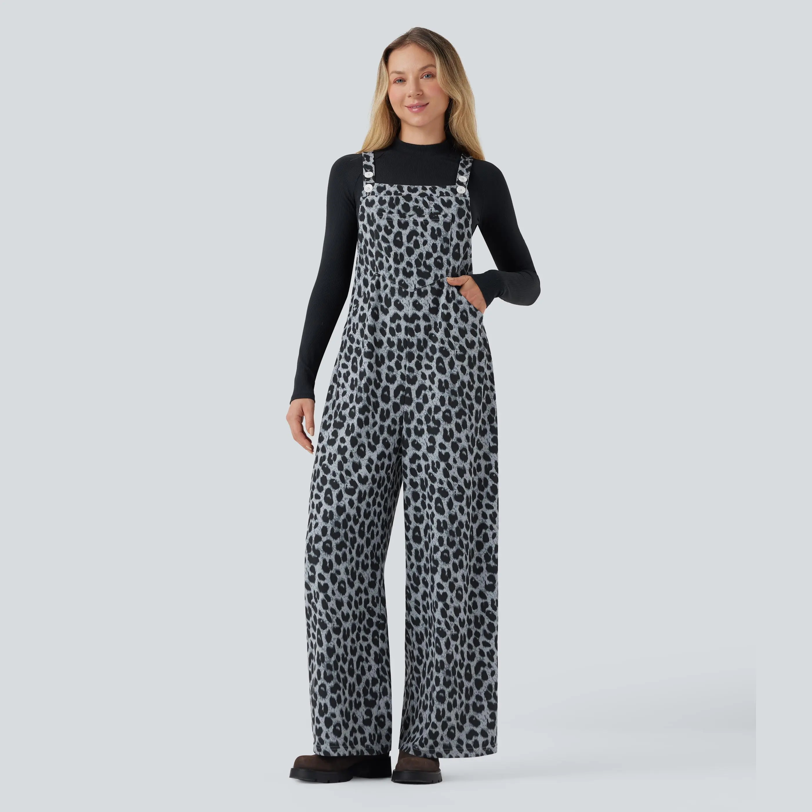 Halara Leopard Print Waffle Casual Overalls with Pockets Halara Leopard Print Waffle Casual Overalls with Pockets