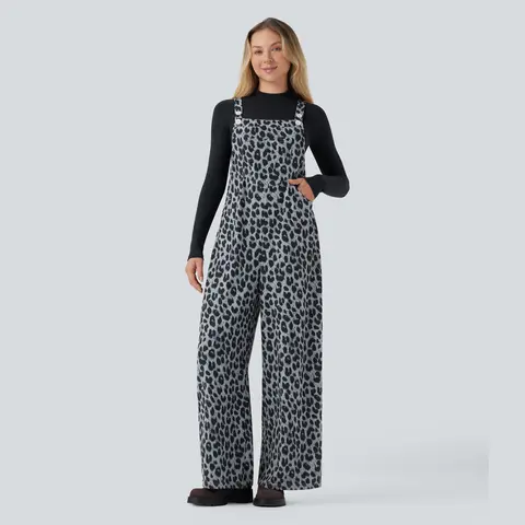 Halara Leopard Print Waffle Casual Overalls with Pockets