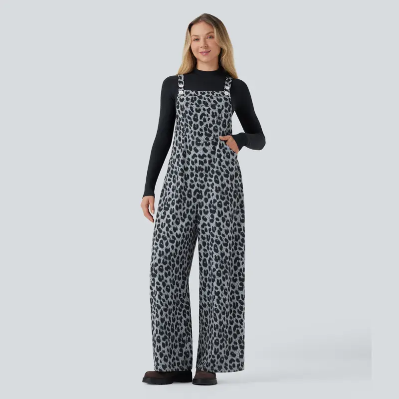 Halara Leopard Print Waffle Casual Overalls with Pockets