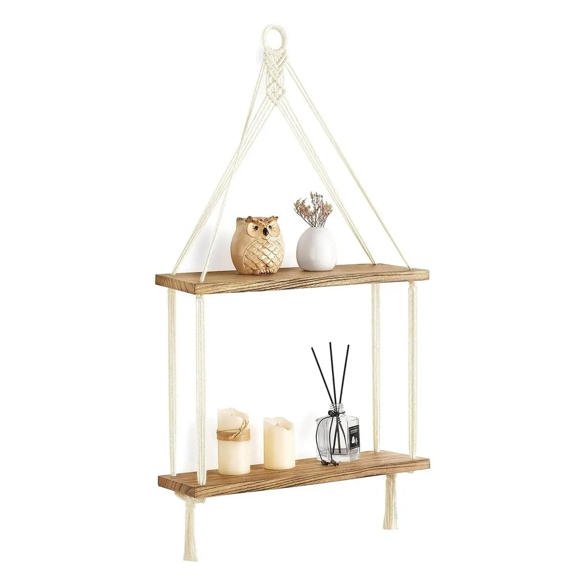 2 Tier Macrame Hanging Shelf, Boho Wall Decor Handmade Cotton Rope Rustic Wood Floating Shelves for Display Photos Plants, Hanging Storage for Living Room Nursery Bathroom Bedroom