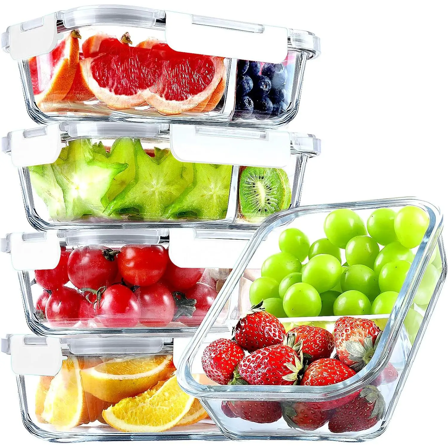 5 Pack Glass Meal Prep Containers 2 Compartment Set, 36OZ Airtight Lunch Containers, Glass  Storage Containers with , for Microwave, Oven, Freezer & Dishwasher Friendly,White