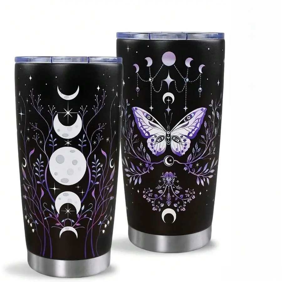 1pc Gothic Butterfly Tumbler With Lid And Straw, Moon Phase Witch Cup Water Bottle Coffee Travel Mug Stainless Steel Vacuum Insulated 20 Oz Tumblers, Goth Halloween Witchy Gifts For Women