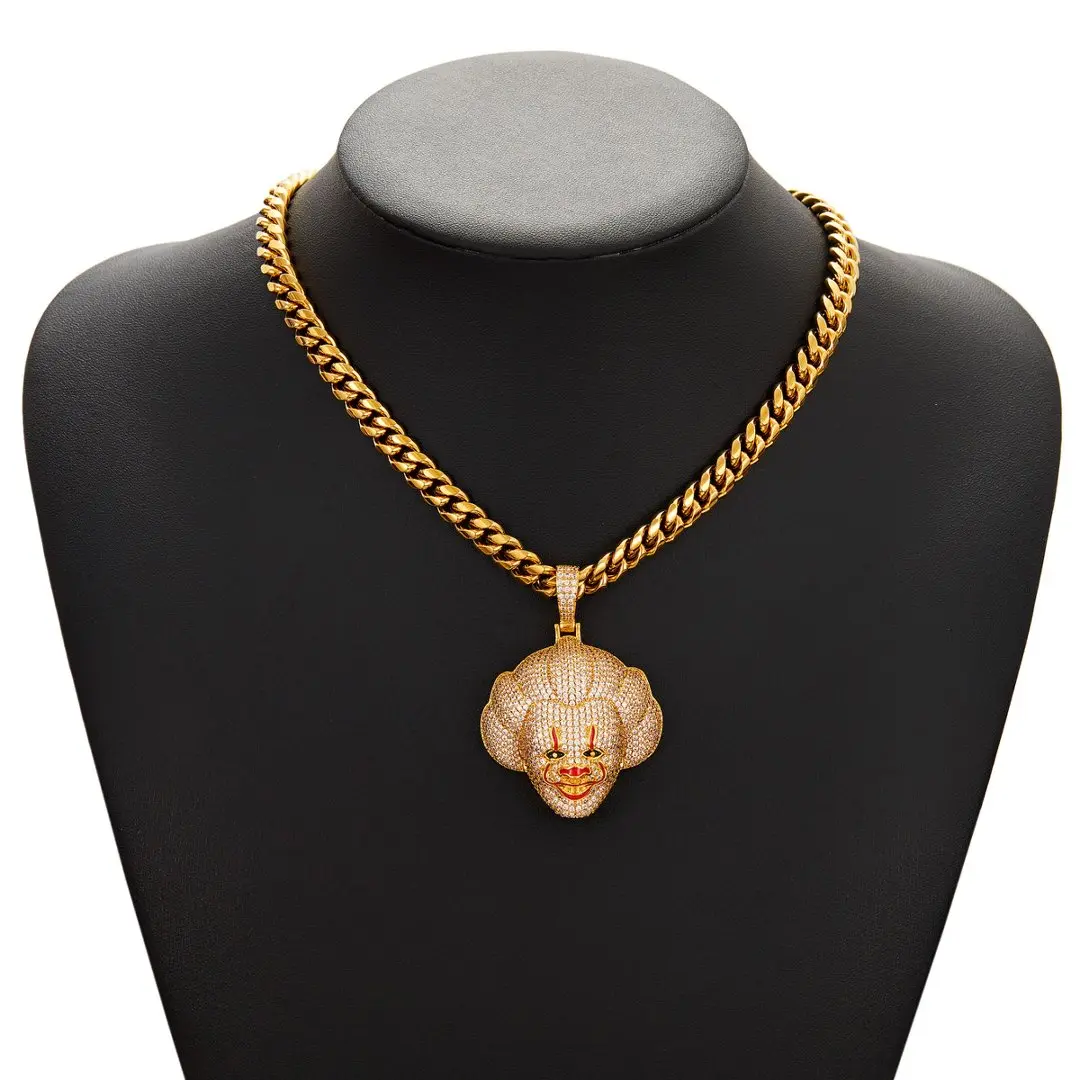 New 18K Gold Clown Pendant with Diamonds, Men's Unique Hip-Hop Style Cuban Chain, Men's Necklace Pendant Jewelry Gift