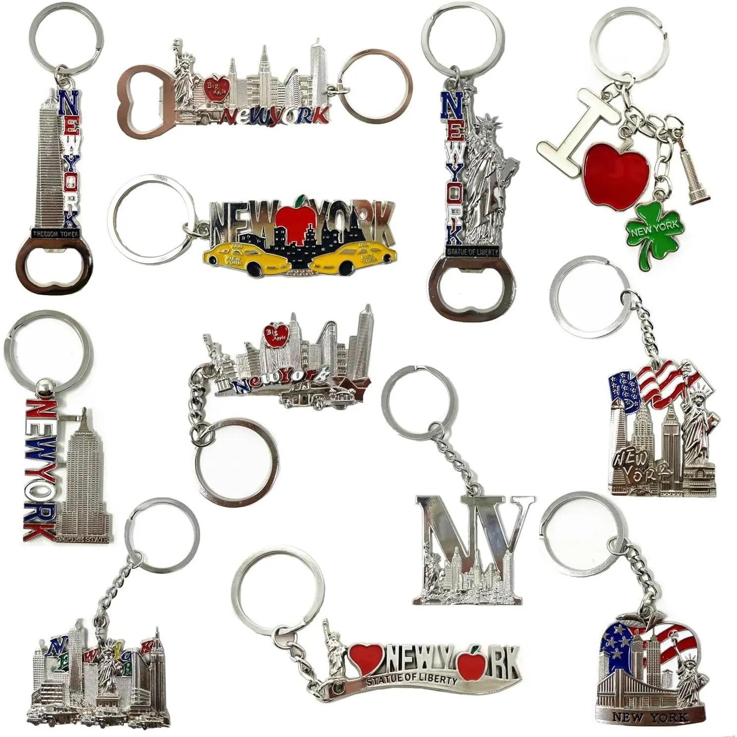 12 Pack Silver NYC Souvenir Collection New York Metal Keychain Ring Bundle Bulk Includes Empire State, Freedom Tower, Statue Of Liberty, USA Flag,NY Cab, Apple, 3 Pc Bottle Opener too And More