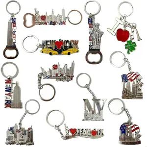 12 Pack Silver NYC Souvenir Collection New York Metal Keychain Ring Bundle Bulk Includes Empire State, Freedom Tower, Statue Of Liberty, USA Flag,NY Cab, Apple, 3 Pc Bottle Opener too And More