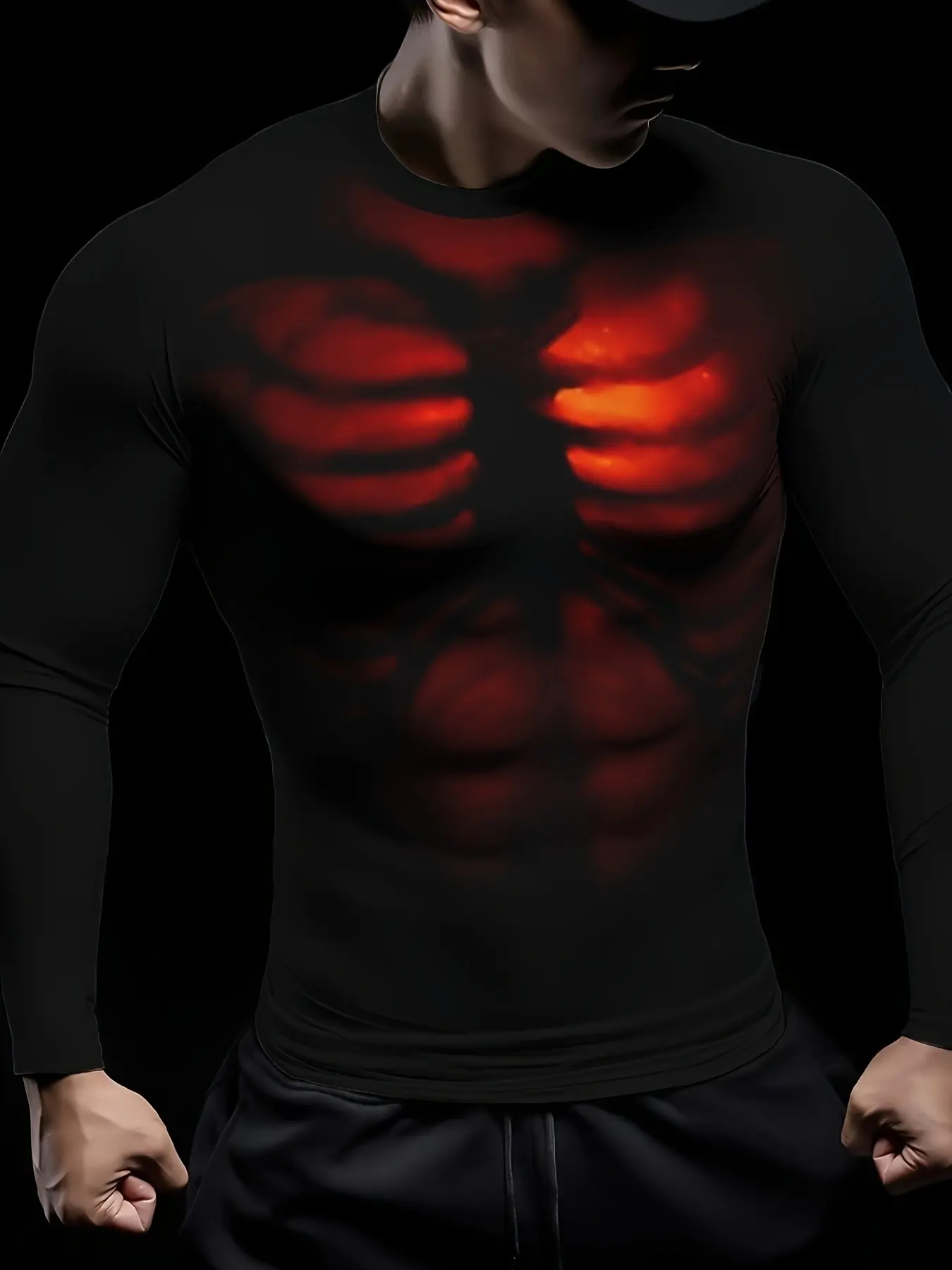 Men's High Stretch Halloween Skeleton Long Sleeve Top, Light Translucent Ribcage Full Print, Slim Fit Party Tee, Bar Costume