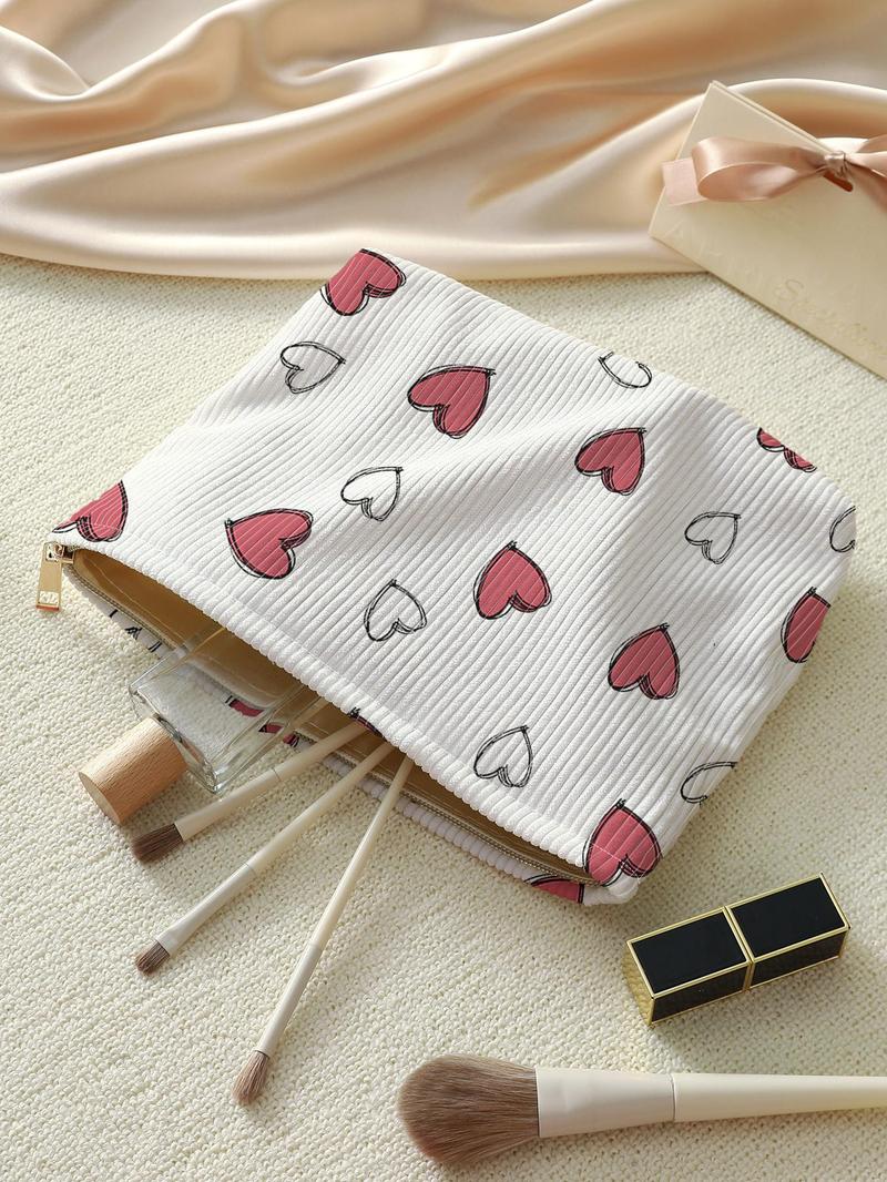Cute Heart Pattern Makeup Bag, Multifunctional Large Capacity Cosmetic Storage Bag, Cosmetic Pouch, Makeup Organizer Pouch, Casual Versatile Zipper Corduroy Makeup Bag for Travel & Daily Use, Valentine's Day, Gift