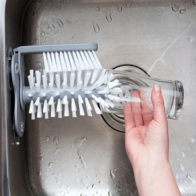 1pc 2-In-1 Manual Wine Glass Cleaner & Kitchen Tool, PP Plastic-TPE Durable Brush with Suction Cup, Glass Cleaning Gadget for Kitchen Sink, Bottle & Boat Use