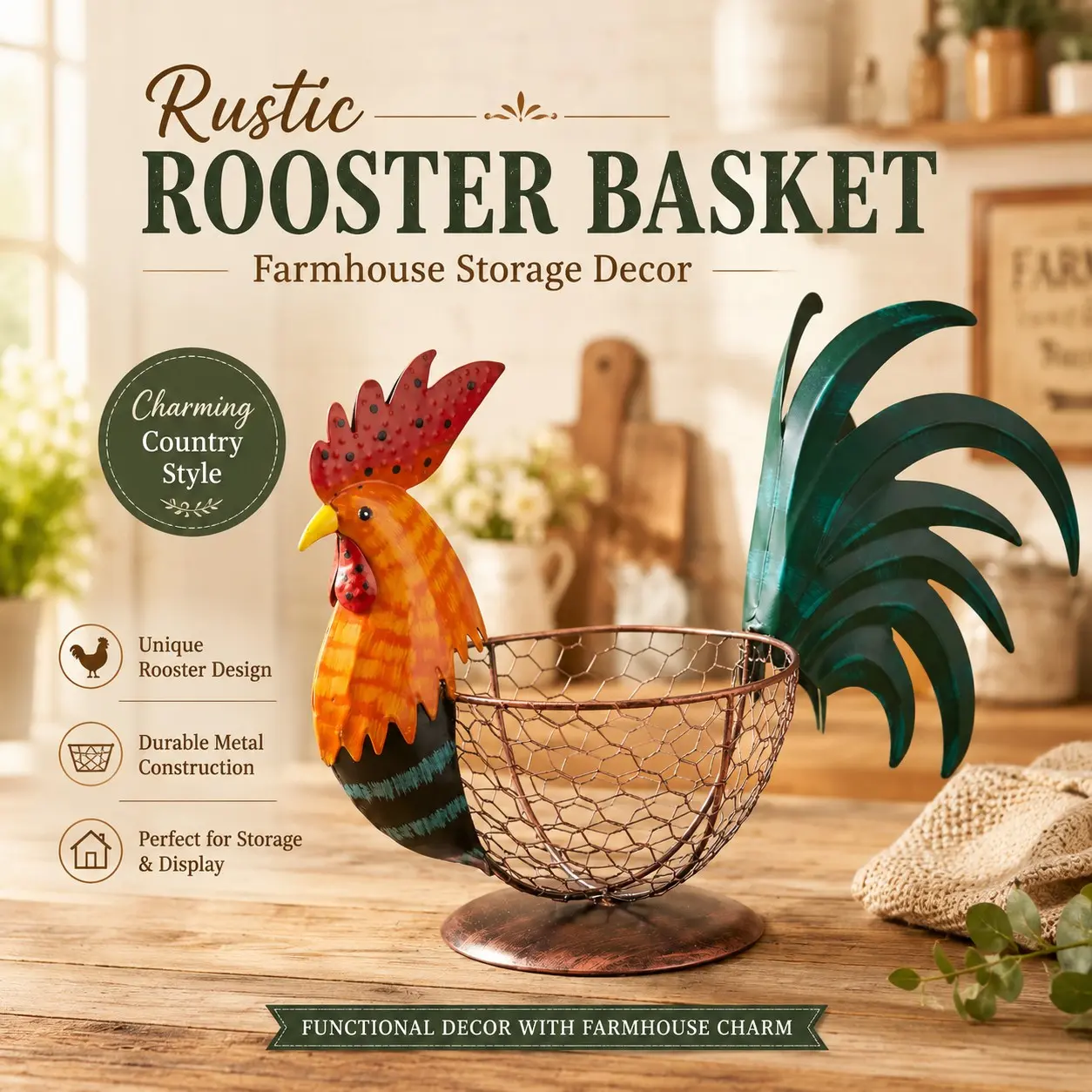 Farmhouse Rustic Multicolor Chicken Wire Metal Egg Basket, Vintage Rooster Ornament, Cute Decorative Fruit Basket for Kitchen & Home, Wire Storage Basket