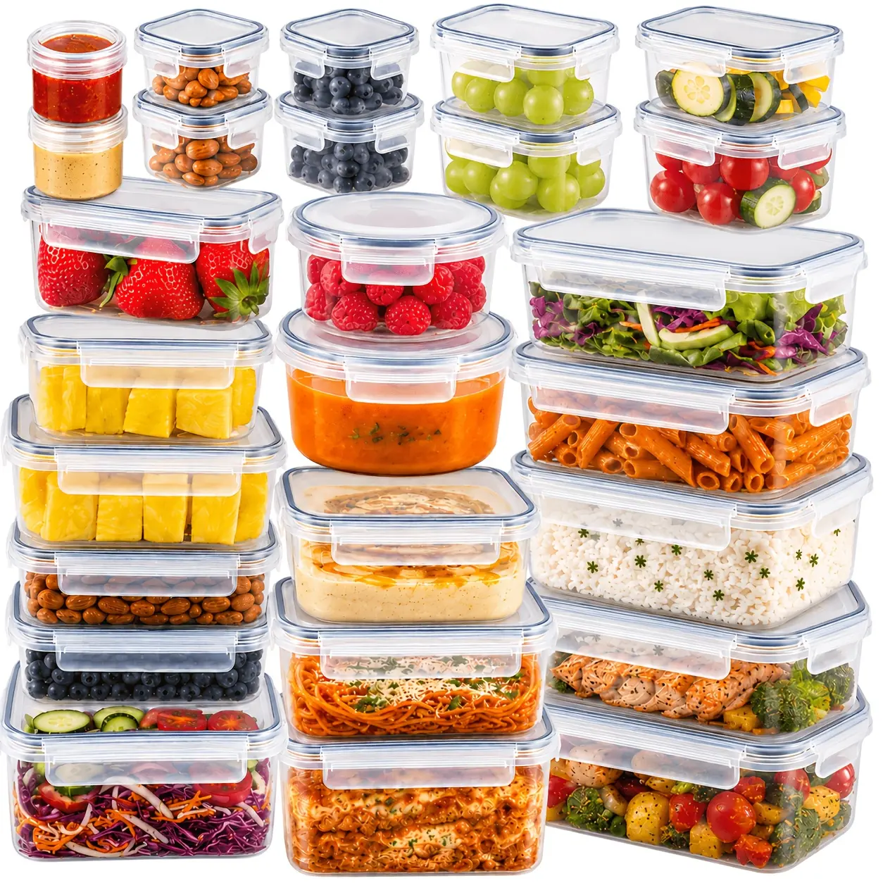 40/44 Pcs Airtight Plastic Food Storage Containers with Buckle Lids (20/22 Containers + 20/22 Lids), with Marker & Stickers, for Rice Fruit Vegetable Storage, Kitchen Organization Picnic Party Gifts