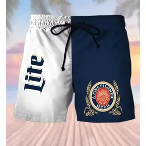 Men's Lite Beer Swim Trunks - Funny Drinking Print Beach Shorts, Navy White Two-Tone Quick Dry Party Shorts for Summer