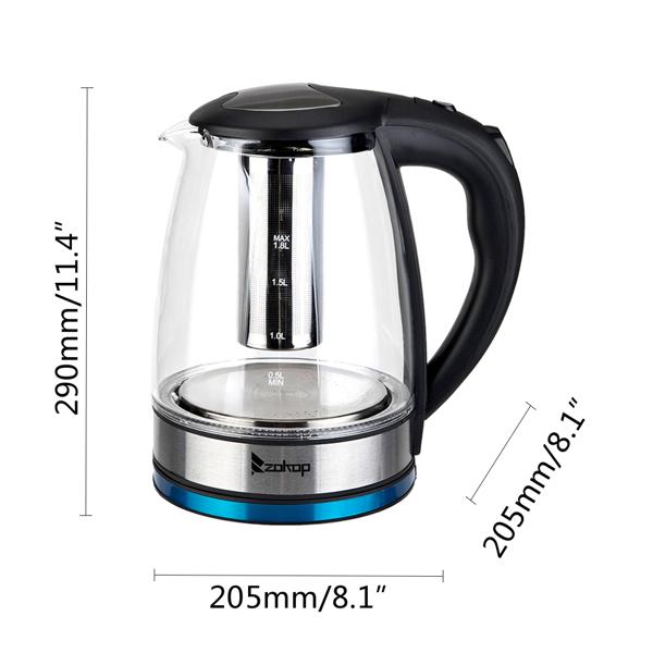 ZOKOP HD-1861-A 110V 1200W 1.8L Electric Glass Kettle US Plug with LED Lights, 360° Rotation Base, Auto Shut-off, and Mesh Filter for Spill Proof Pours Automatic
