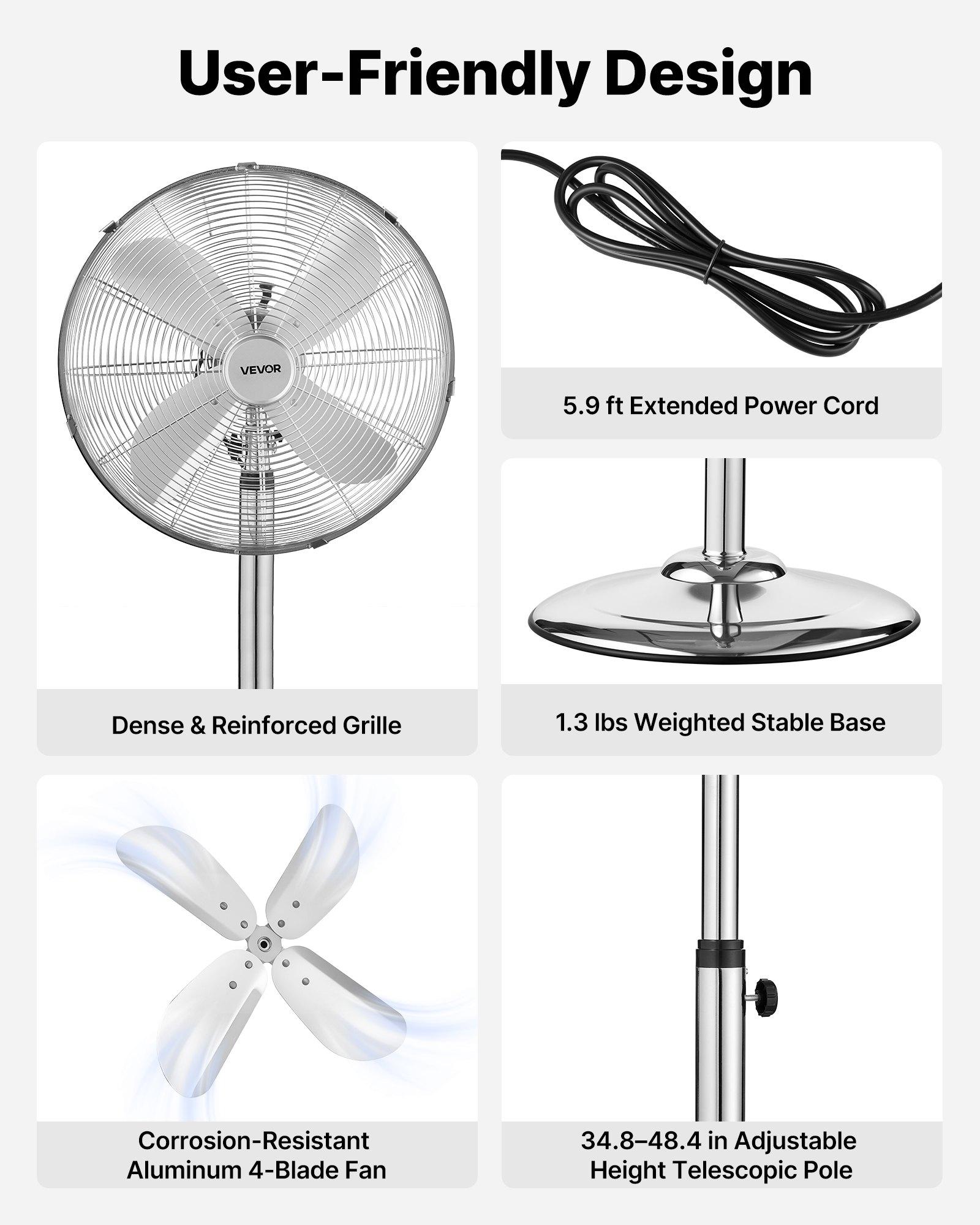 VEVOR 16-Inch High Velocity Pedestal Fan, 1450 CFM Industrial Standing Floor Fan with Handle, 75 °   Oscillating, 3-Speed Adjustable Height, Metal Made for Commercial, Garage, Workshop, Home, Silver