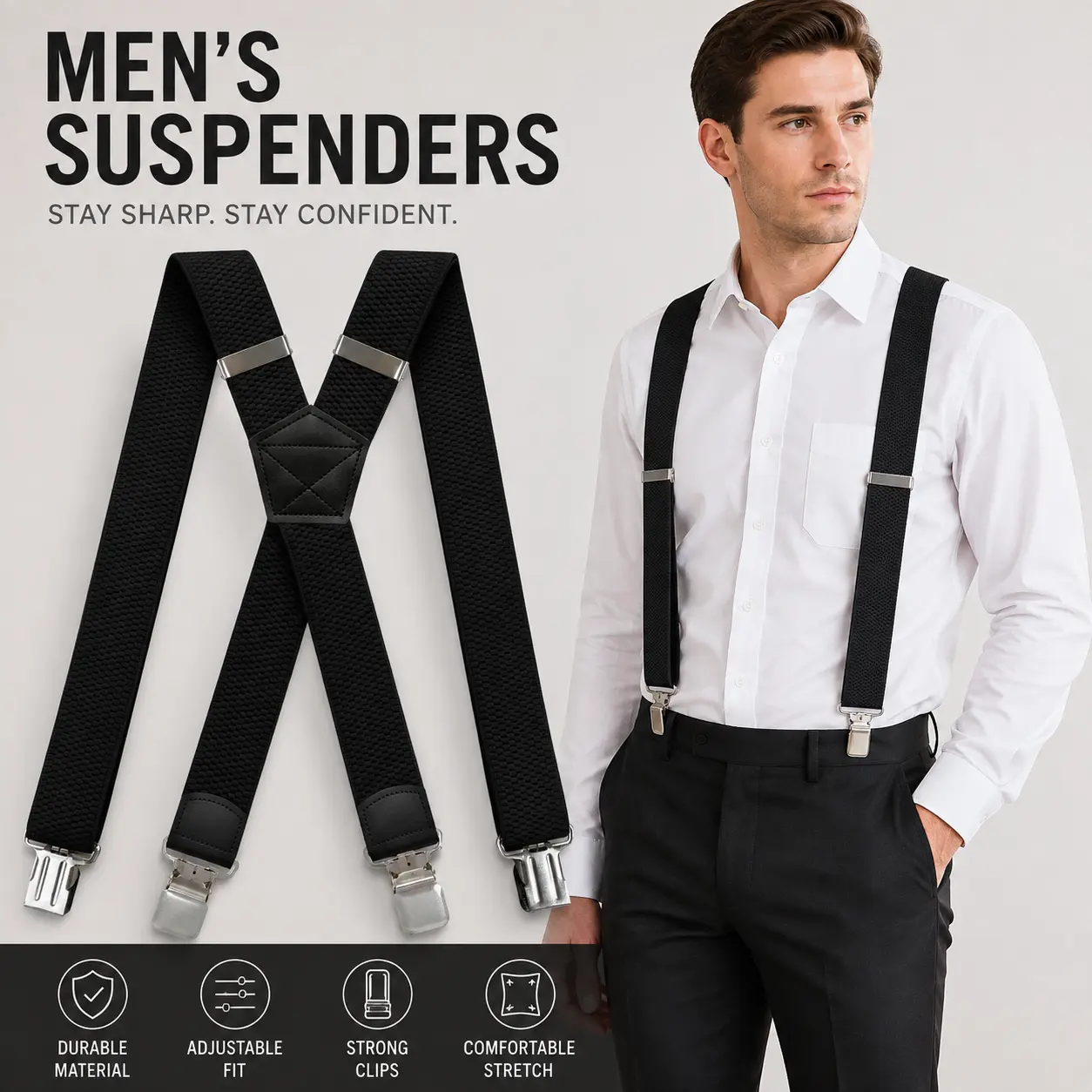Men's Heavy Duty X-Back Suspenders, 1.38" Wide Elastic 4-Clip Adjustable Braces