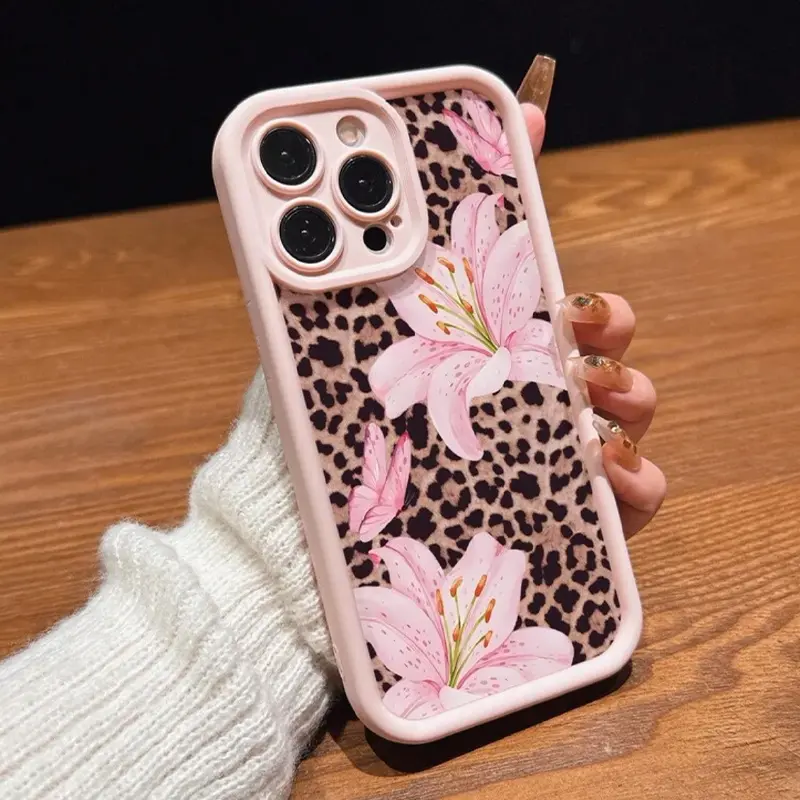 Phone Case - Cute Pink Lily And Leopard Print Design Pattern Full TPU Phone Case for Iphone X/11/12/13/14/15/16/17/Air/Pro/Pro Max/Plus, Anti-Drop, Anti-Scratch And Anti-Shattering Protection Design, Comfortable Grip, Perfect Gift for Easter