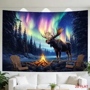 2D Flat - 2D Flat - A Tapestry Featuring a Large Or Small Design of a Moose, Northern Lights, Fire, And Forest, Perfect for Decorating Walls in Living Rooms, Meditation Spaces, Offices, Or for Party Decor. It Does Not Glow in The Dark