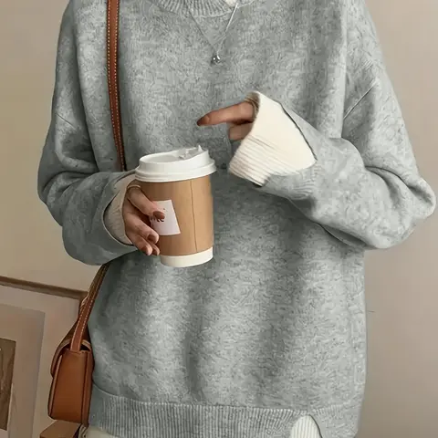 Women's Plus Size Faux Two-Piece Colorblock Long Sleeve Knit Pullover Sweater, Elegant Fashion Casual Knitwear for Spring, Summer, Fall & Winter