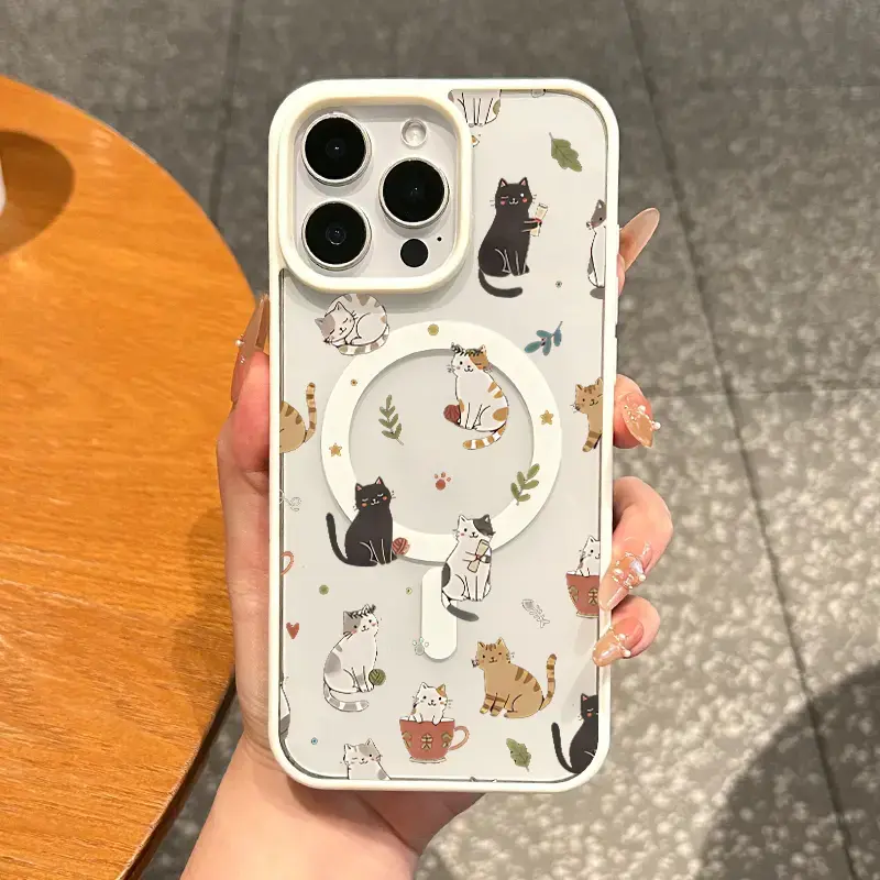 Aesthetic Cute Cat Pattern Handheld Cellphone Accessory, Shockproof, Lightweight, Scratch-Resistant Girly Devices Protection, Magnetic Silicone Protective Casing for iPhone 17, 16 E Pro Max, 15 Plus, 14, 13, 12, 11 Pro Max Plus