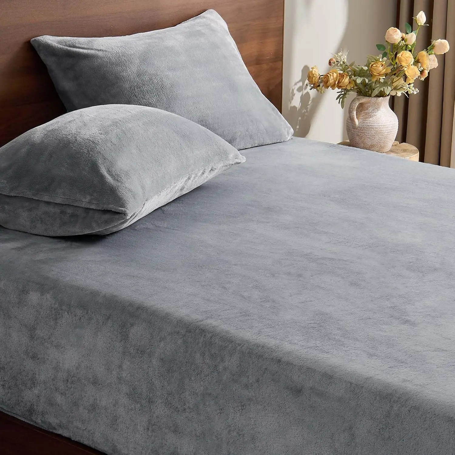 Fleece Queen Fitted Sheet & Pillowcases Set, Grey, 3 Pieces| Soft Plush Flannel-Like Bed Sheet with Elastic Corner Straps, 16 Inch Deep, Fuzzy All-Season Gift & Room Decor