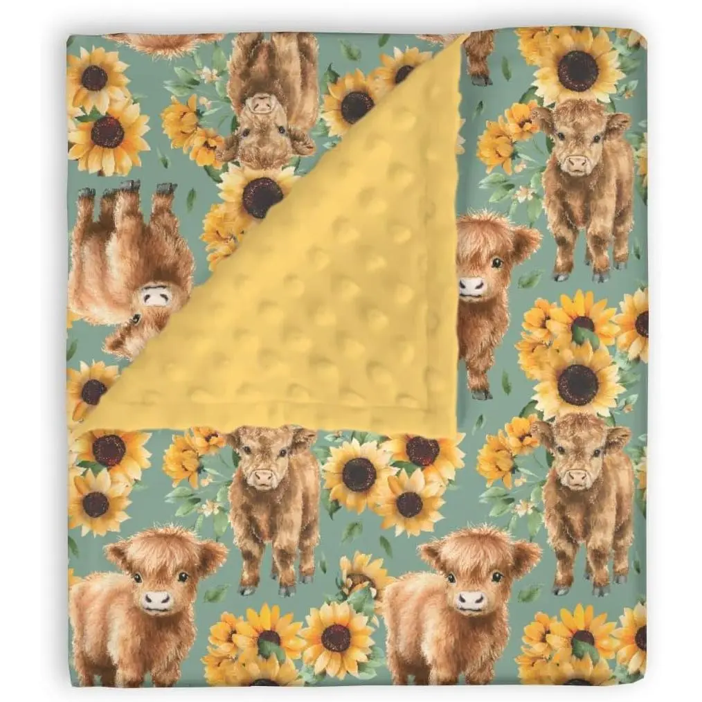 Plush Flannel Mink Cowgirl Calf Flower Reversible Soft Layer Dotted Backing Receiving Swaddle Blanket & Throw - 0-3 Months/2-3 Years Infant Bedding, Farm Animals Themed, All-Year Nursery Crib Item, Baby Shower Gift (30x40 in)