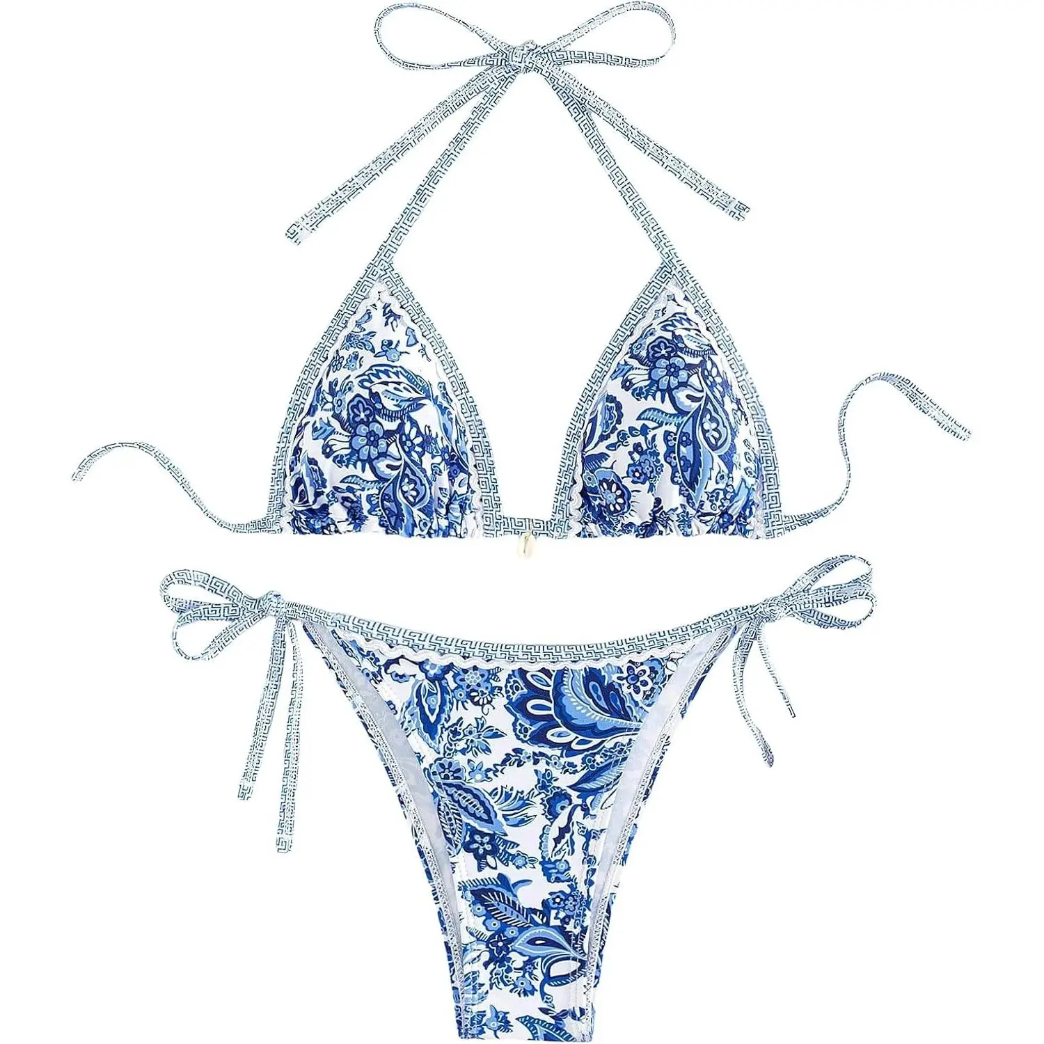 Women's 2-Piece Boho Beachwear, Floral Print Halter Neck String Triangle Bikini Set Bathing Suit