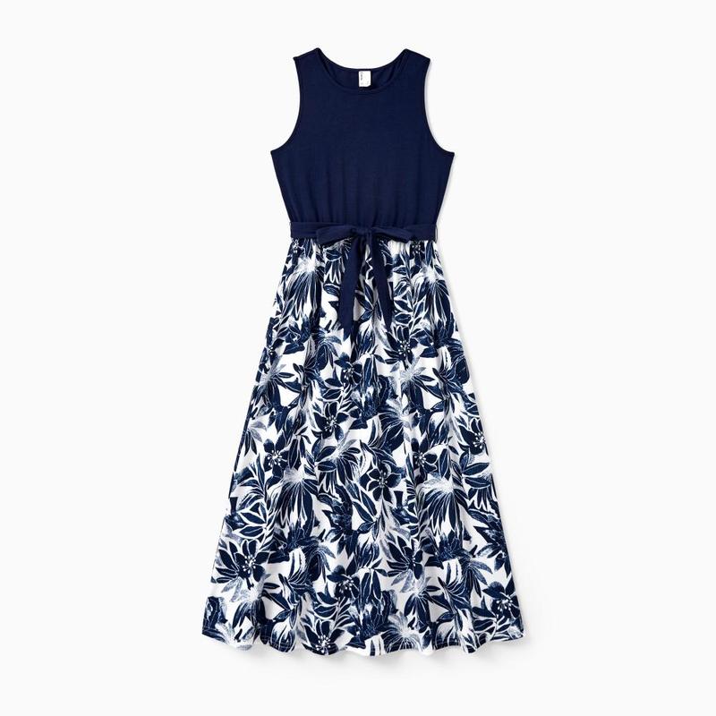 PatPat Family Matching Cotton Tee Flora Print Splicing Shirt or Tank Dresses