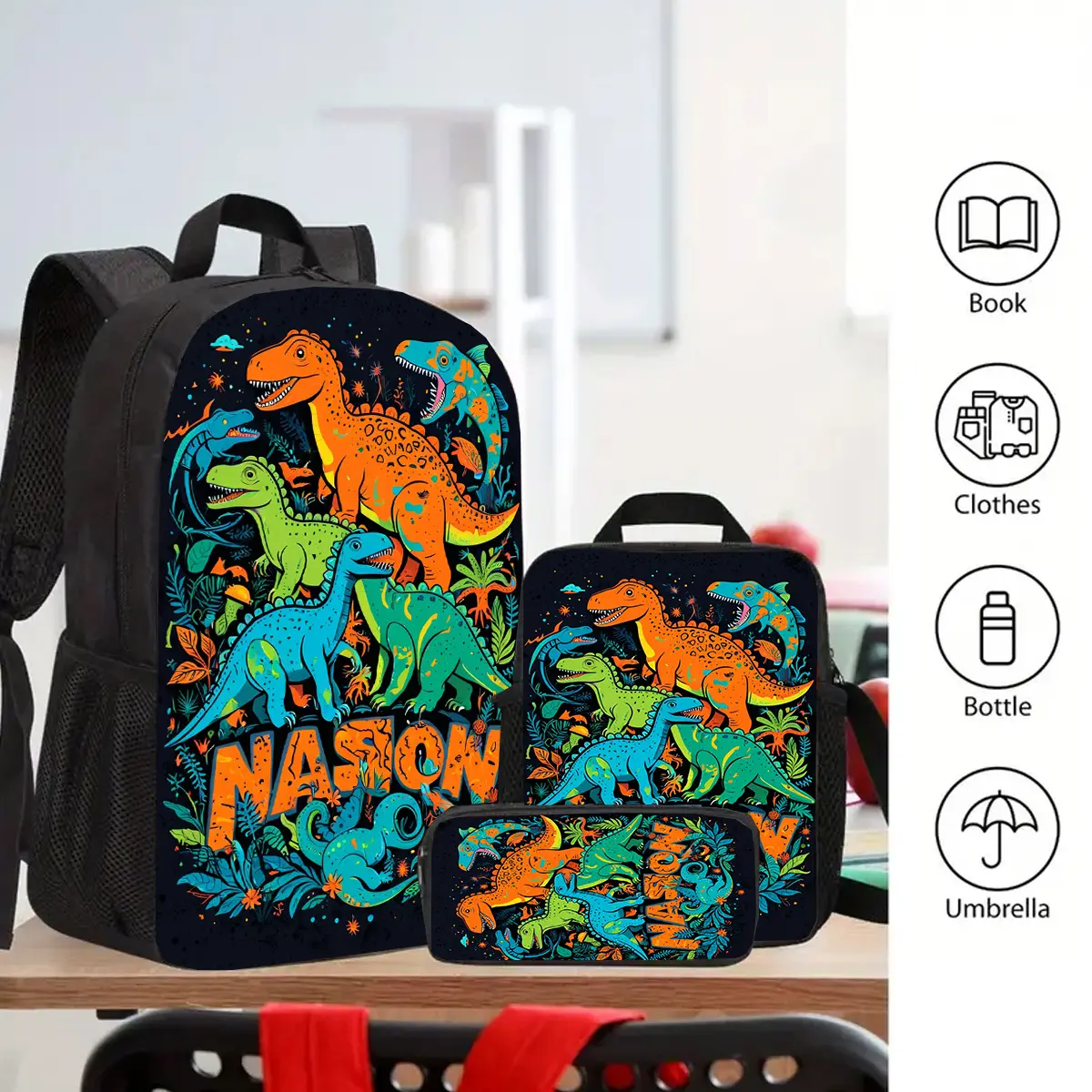 Backpacks for School, Kids' Graphic Dinosaur Print Polyester Weave Bookbag with Padded Straps and Side Mesh Slots, Hazard-Free