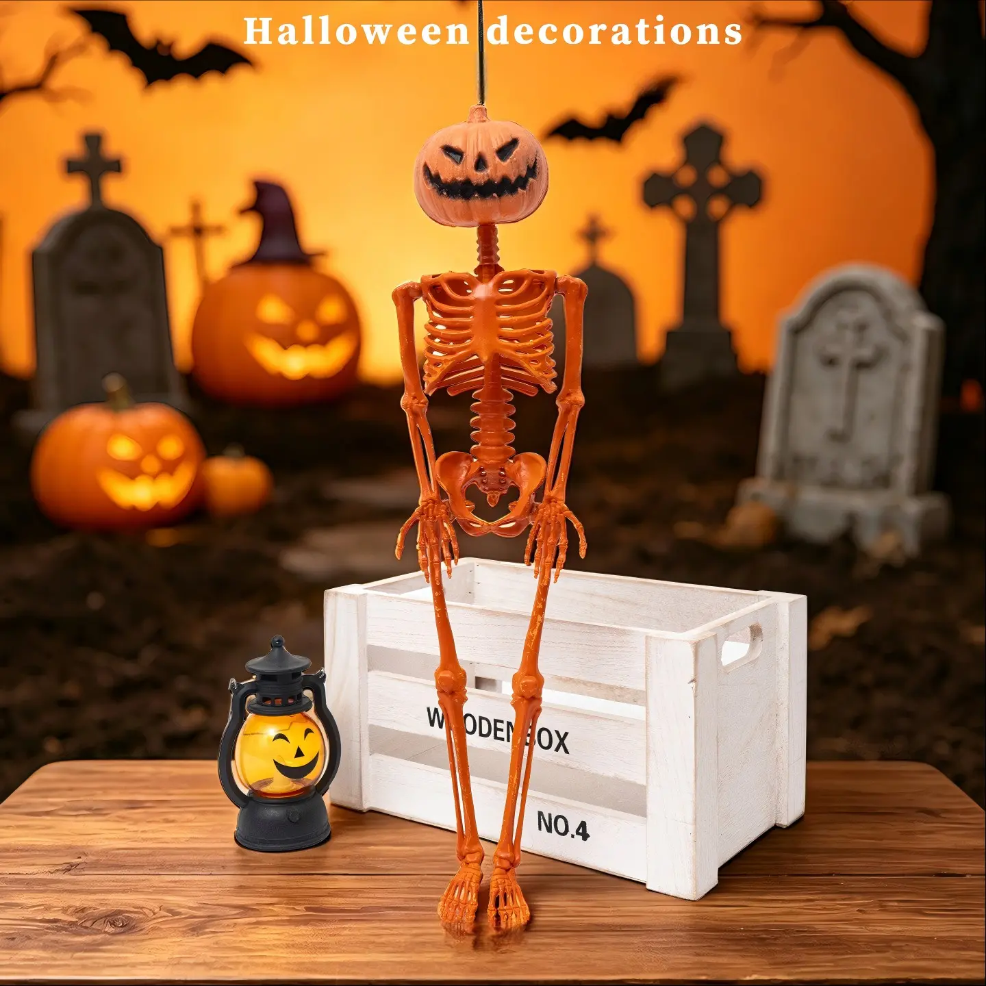 40cm Pumpkin Head Skull Hanging Decoration, Realistic Bone Texture, Flexible Joints, Ideal for Haunted House, Parties, Cemetery Scenes