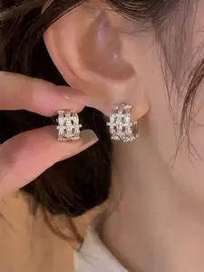 Luxury Vintage Braided Mesh Rhinestone Earrings, French Brushed Vertical Texture Wide Face, Office Wear, Gift for Holidays, Graduation Season