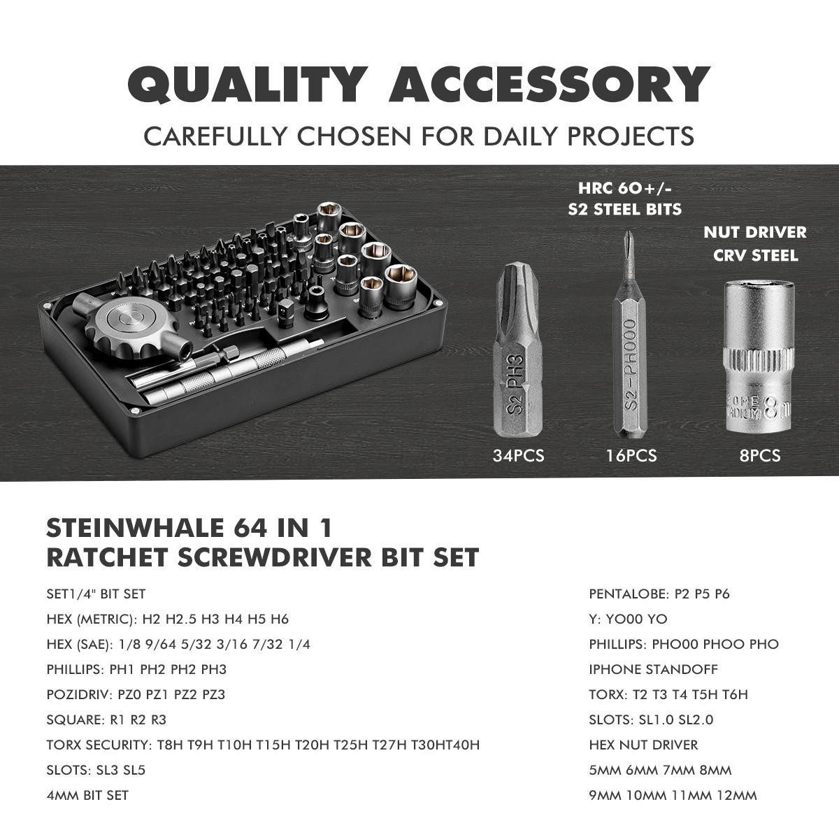 Precision Multipurpose Switchable Screwdriver Set with Large Socket & Precision Bits, 64-In-1 Gearless Ratchet Drill Bit Kit, Flat Handle for High Torque