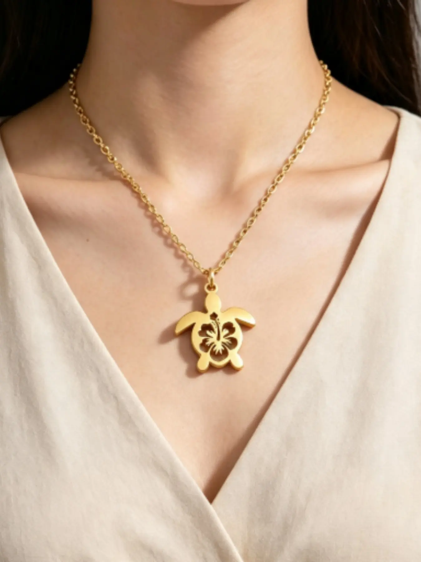 Stainless Steel Hollow Hibiscus Turtle Necklace, Hawaiian Style Jasmine Turtle Pendant, Unique Jewelry Gift Idea