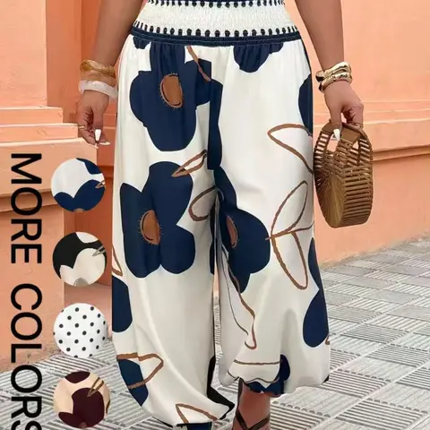 Women's High-Waisted Lantern Pants, Fashion Elastic Cuffed Long Pants for Holiday, Floral Print, Comfortable and Stylish Summer Wear, Ladies Bottoms, Casual Comfy Trousers, Womenswear