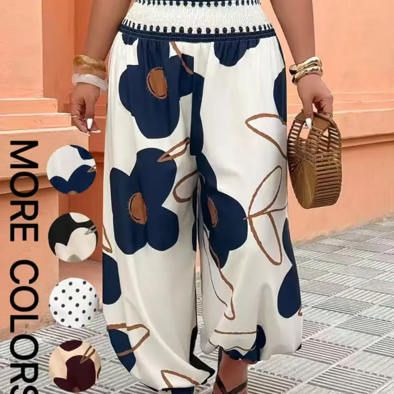 Women's High-Waisted Lantern Pants, Fashion Elastic Cuffed Long Pants for Holiday, Floral Print, Comfortable and Stylish Summer Wear, Ladies Bottoms, Casual Comfy Trousers, Womenswear
