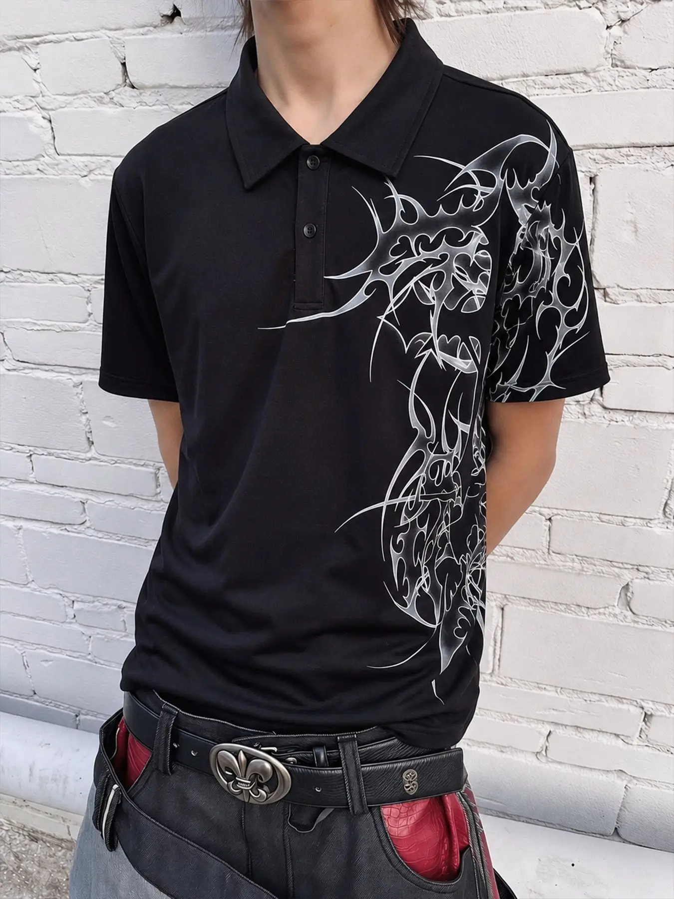Men's Short Sleeve Polo Shirt, Gothic Pattern, Casual Fashion, Comfortable Fit, Ideal for Summer Outdoors, Versatile Design