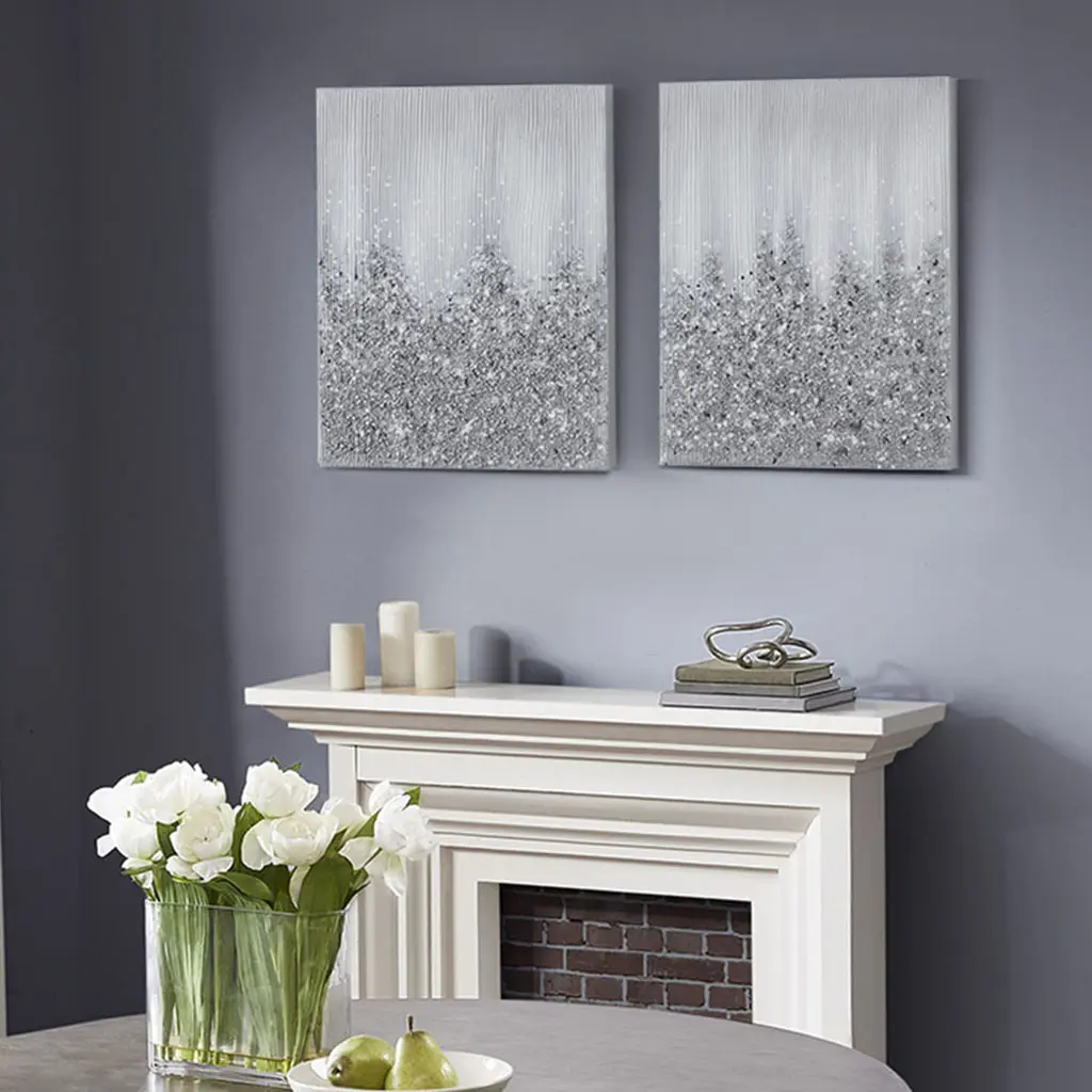 Nokaa Heavily Embellished 2-Piece Canvas Wall Art Set, Hand-Brushed Abstract Diptych with Textured Rocks & Glitter, Silver MDF Framed Wall Decor for Living Room Bedroom, Indoor Use, 22x28 Inches Each