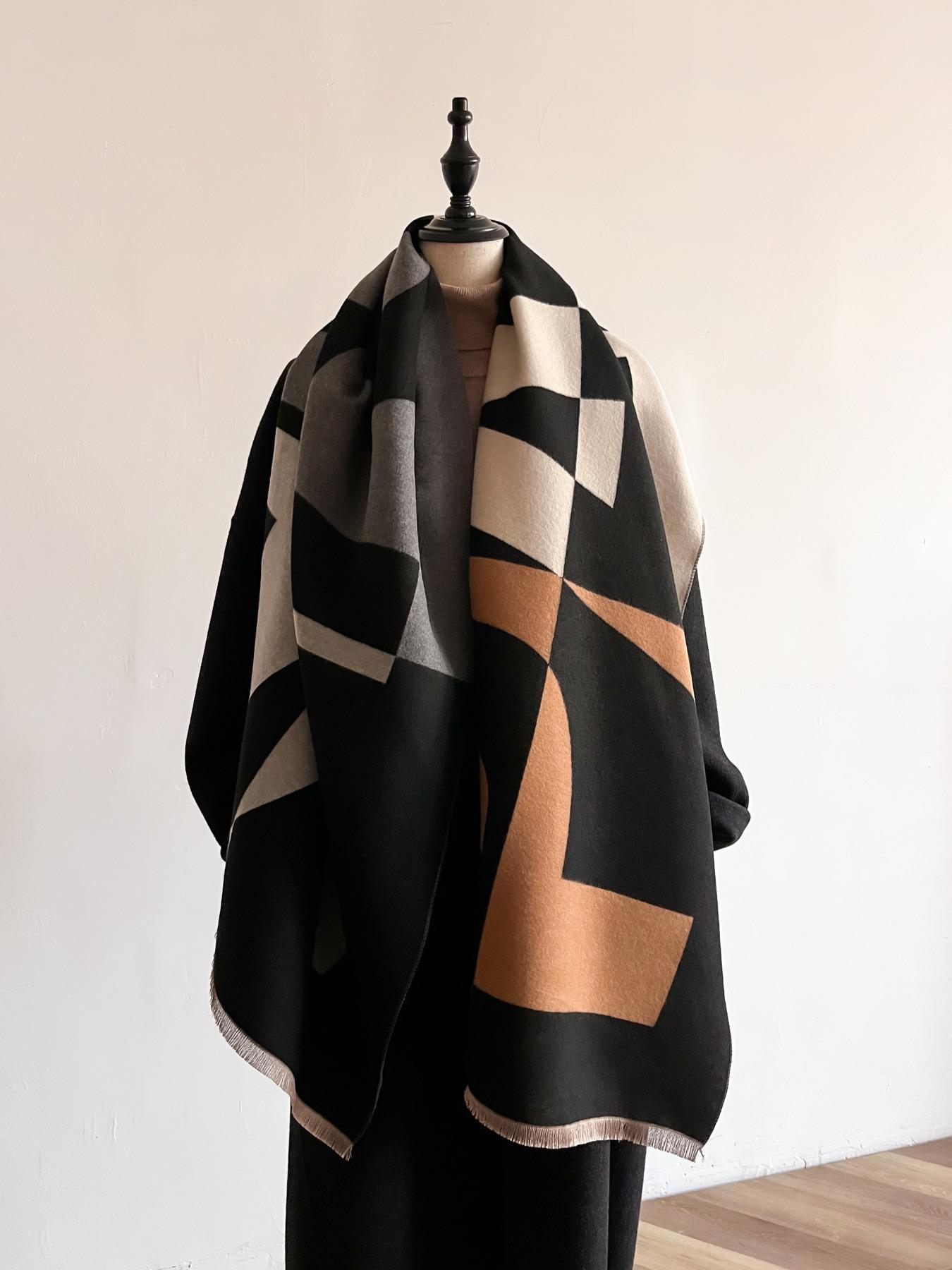 Women's Colorblock Double-sided Fringe Trim Shawl, Casual Soft Warm Long Scarf for Fall & Winter, Fashion Accessories for Daily Wear, Valentine's Day Gift