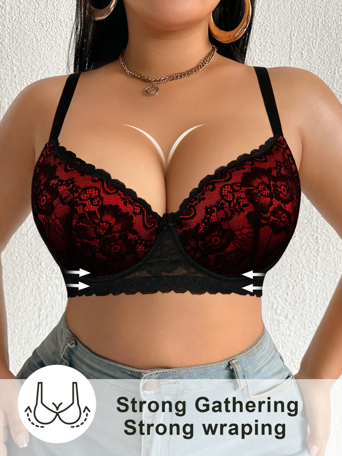 Plus-Size Women's lace push-up bra with underwire support, featuring a floral lace design and full-cup lifting effect. Suitable for everyday wear and date nights. A perfect Valentine's Day gift. Elegant Lace Bras