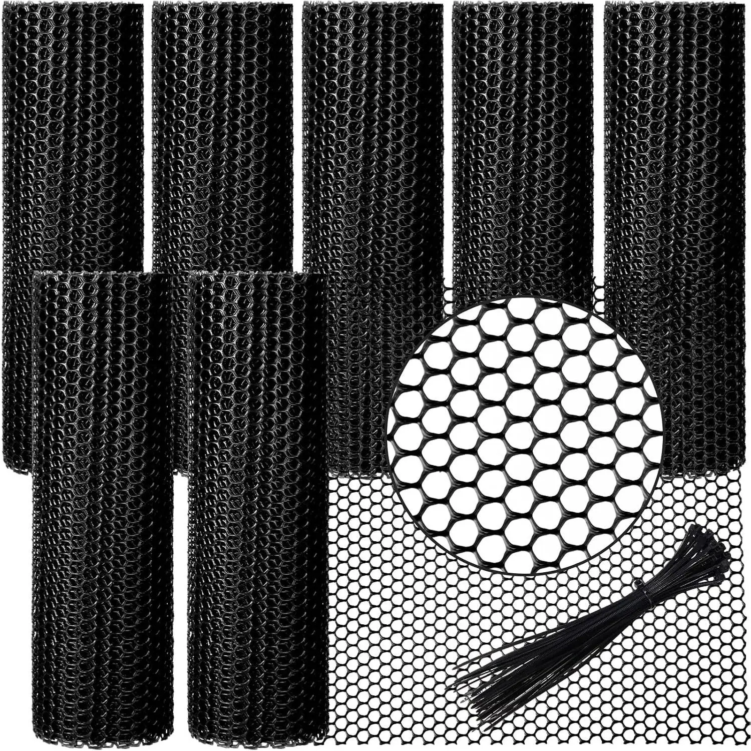 6 Rolls Plastic Chicken Wire Fencing Mesh 120 x 15.7 Inch Each Plastic Mesh Fence with Zip Ties Hexagonal Poultry Netting Garden Fencing Cat and Bird Netting (Black)