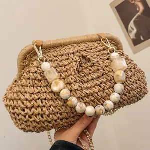 Woven Pearl And Shell Shoulder Bag For Women, Handmade Coastal Vacation Purse With Chain Strap, Boho Chic Beach Tote For Euro Summer Travel, Resort Wear Accessory For Shopping, Vacation Outfits And Everyday Carry, Island Style Fashion Bag