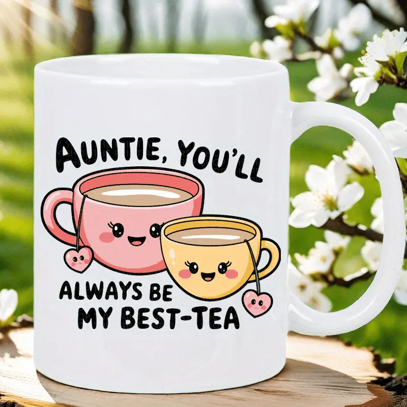 Best Auntie Tea Cup - You Are My Favorite Cartoon Heart Design, 11 ounces durable and reusable, dishwasher safe, suitable for home or office, white fun coffee cup
