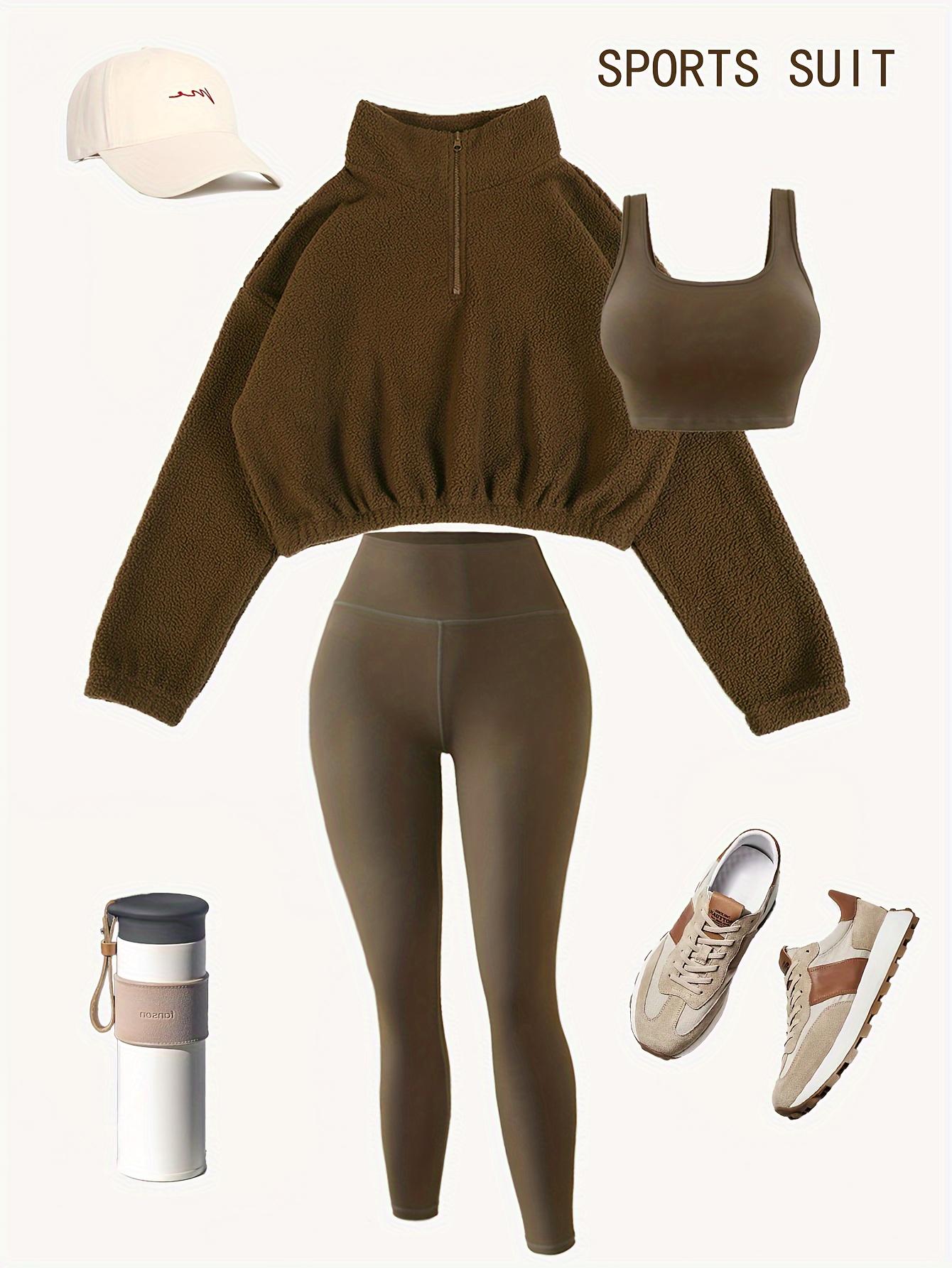 Amoyer 3-Piece Tracksuit Set for Women, fleece-lined zip jacket + top + high-waist pants, cozy winter activewear for gym, running, travel